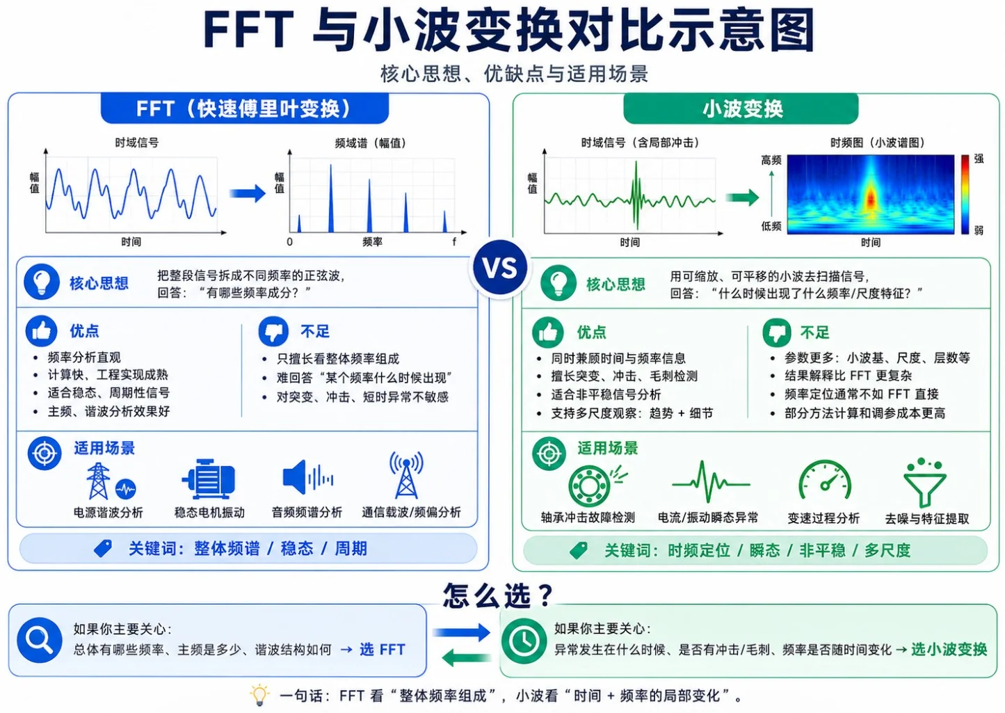 FFT 与小波变换对比示意图